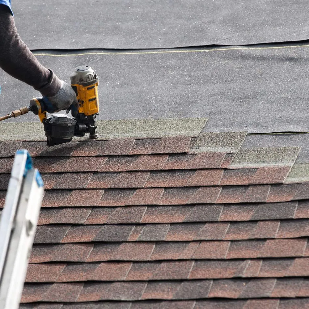 Roof replacement crew installing new shingles on a residential roof